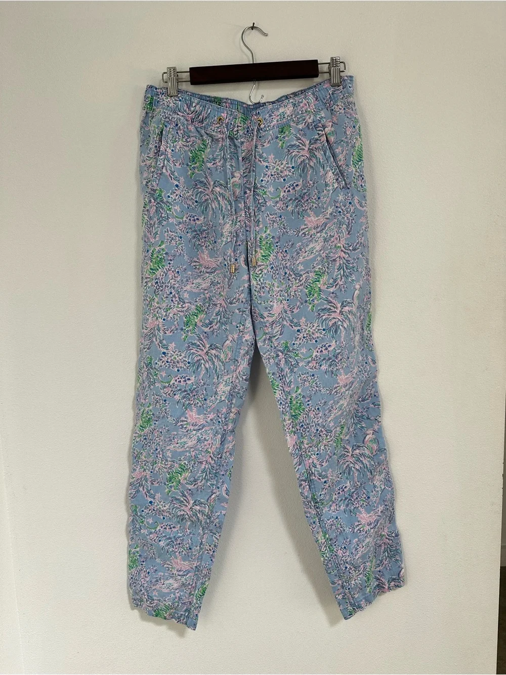 Lilly Pulitzer Taron Pants Women’s Large 100% Linen Blue Tropical Beach Print